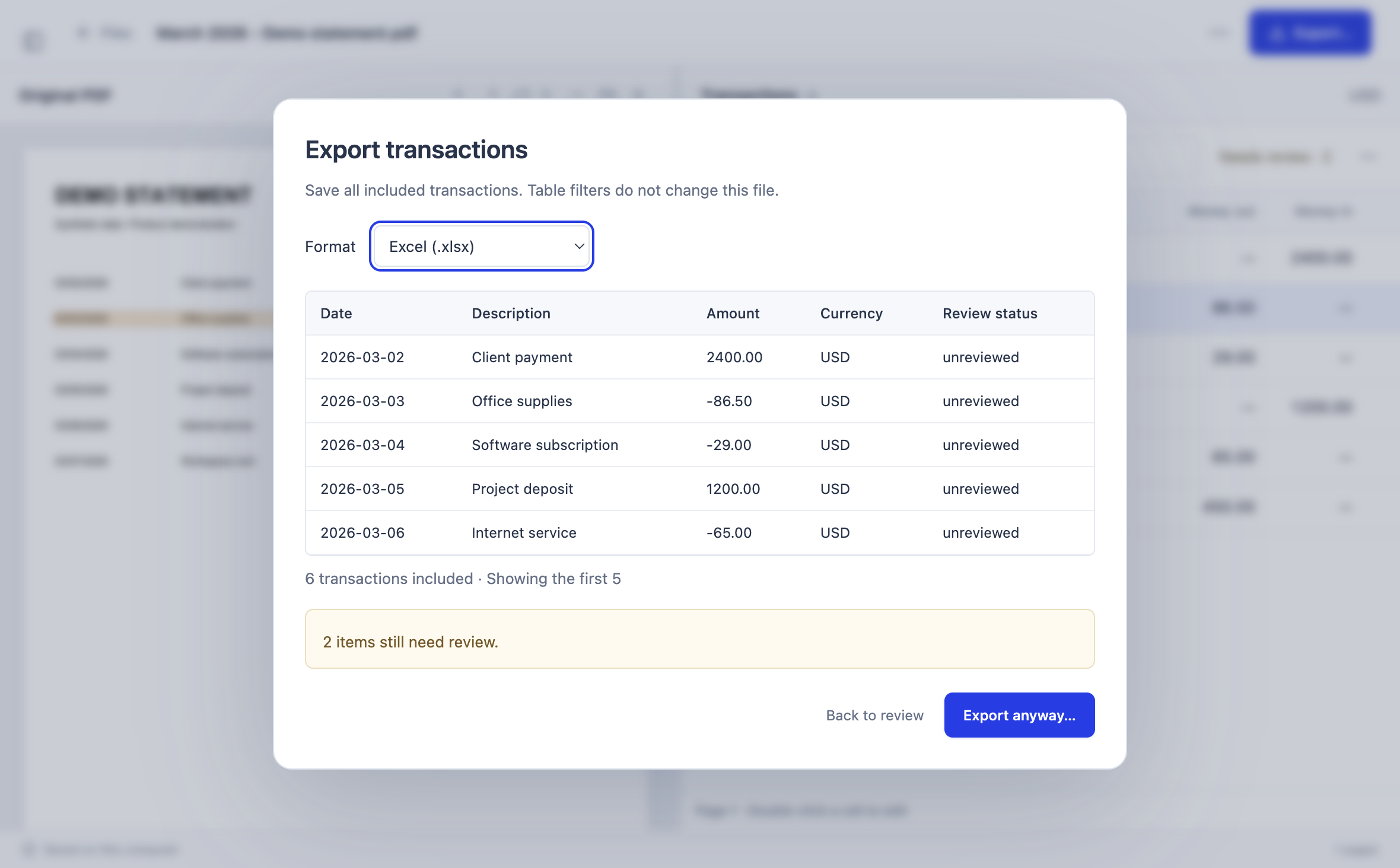 Real Stmtio export dialog for six synthetic transactions