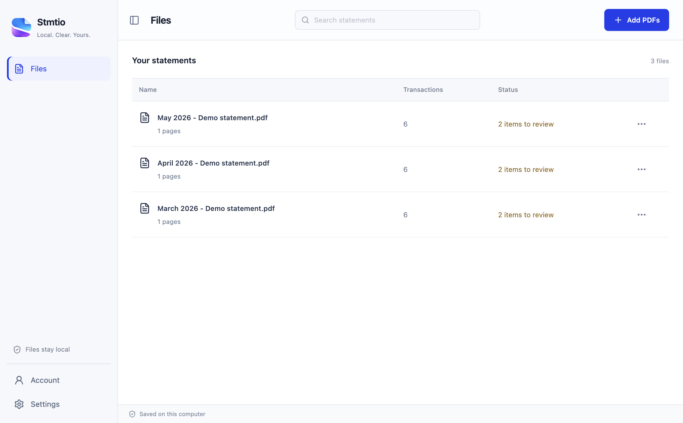 Stmtio file library with three synthetic demo statements