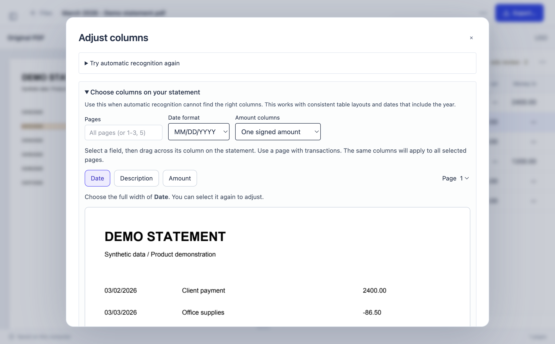 Stmtio column mapping dialog on a synthetic statement