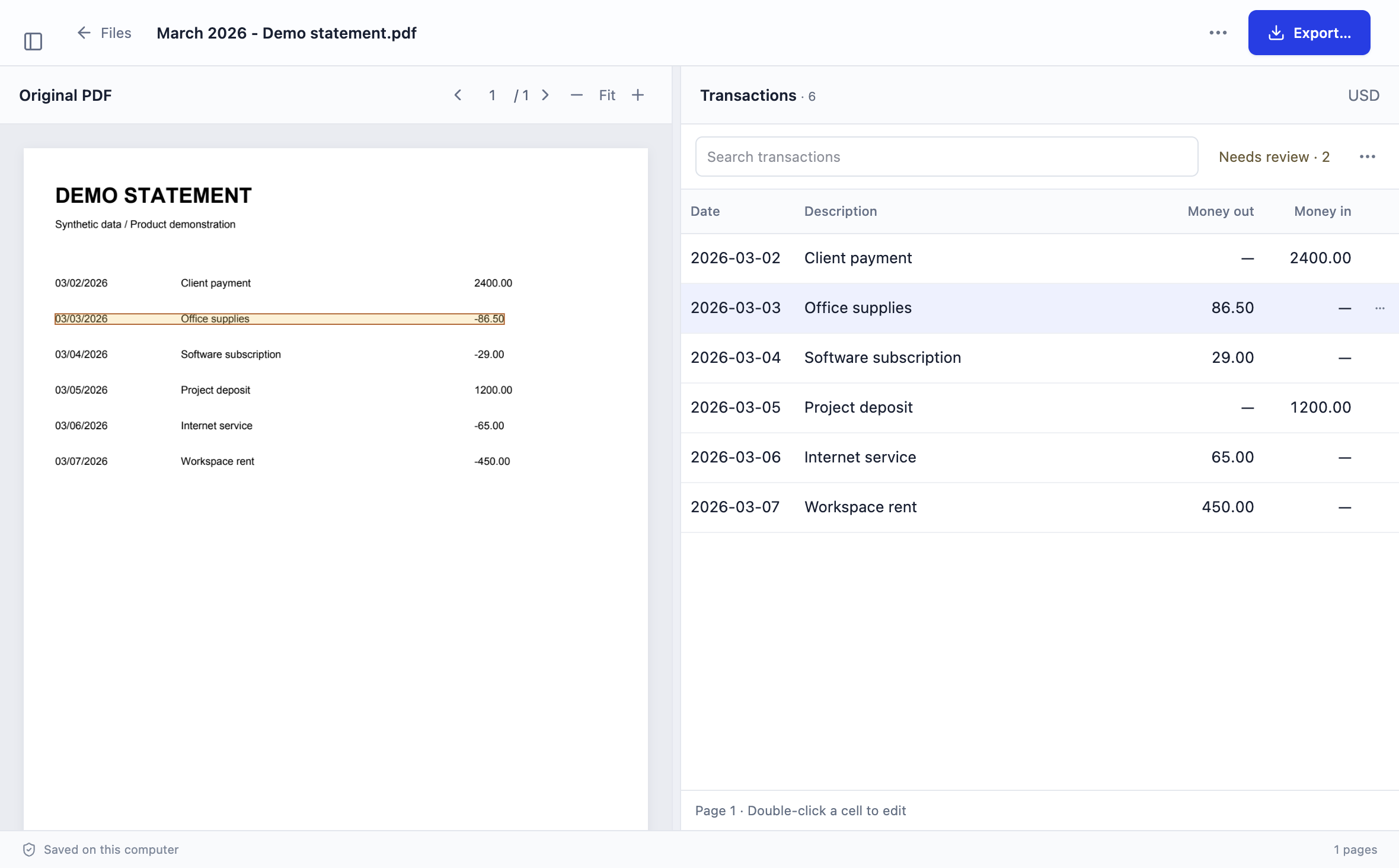 Stmtio review workspace with transactions beside the original synthetic statement